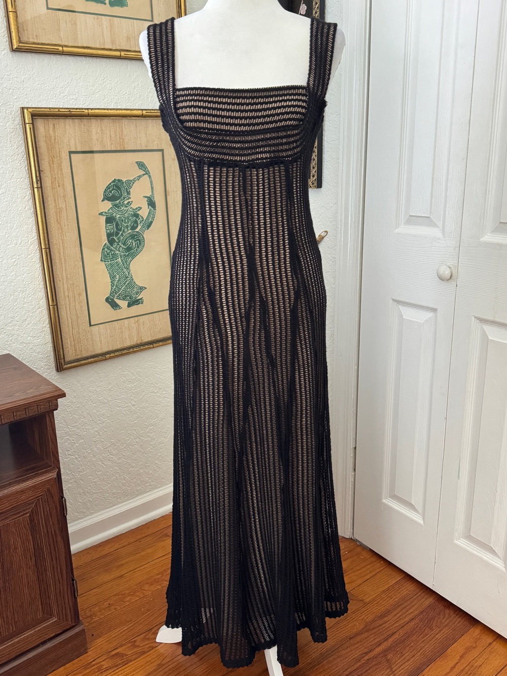 NWT ANTONIO MELANI Erina Black Crochet Maxi Dress Nude Lined sz M $229